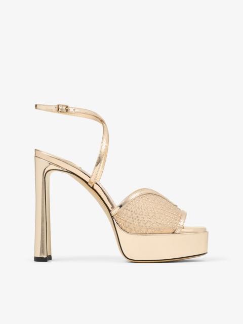 Karli Platform 125
Gold Illusion Crystal Mesh and Liquid Metal Leather Sandals