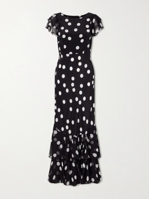 Ordinia Polka-dot Crepon-trimmed Silk-satin Midi Dress