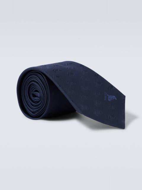 Embroidered logo silk jacquard tie