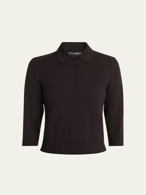 3/4-Sleeve Cashmere Polo Sweater