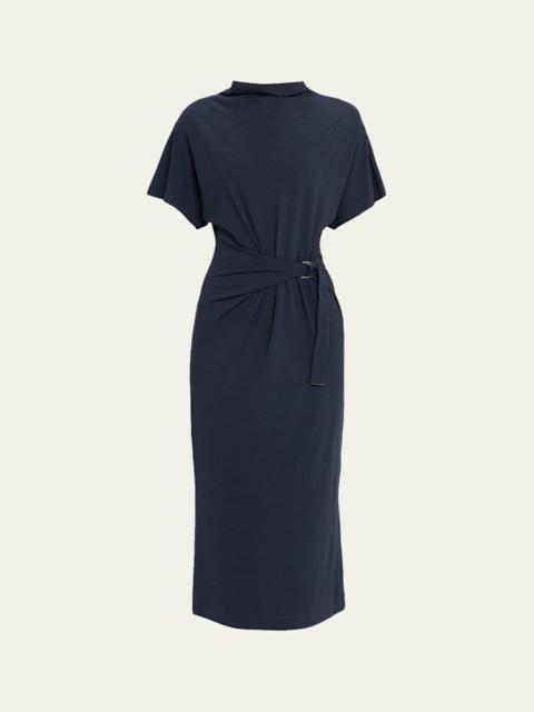 Drape Short-Sleeve Wool Jersey Midi Wrap Dress