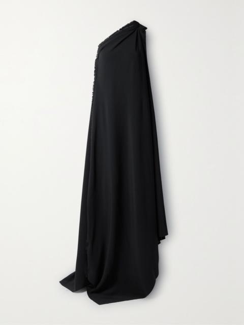 Asymmetric one-shoulder frayed draped crepe gown Black