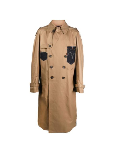 contrasting patchwork-denim trench coat