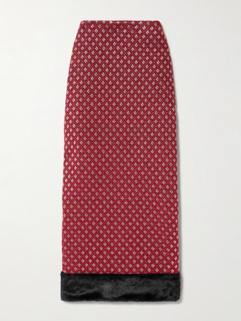 Monica Plush-trimmed Metallic Jacquard Midi Skirt
