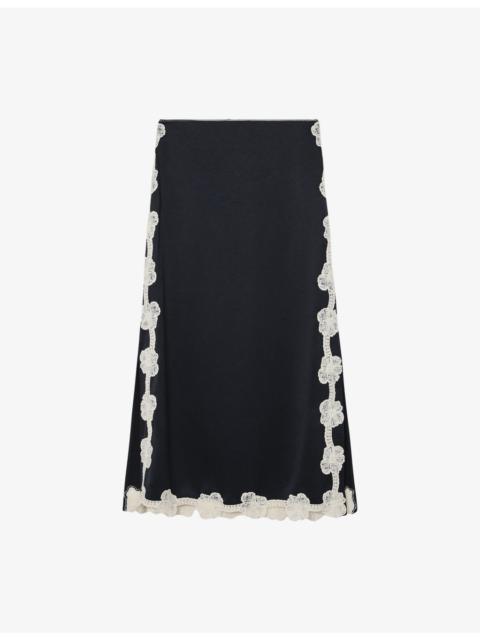 Doa Floral-Lace Satin Midi Skirt