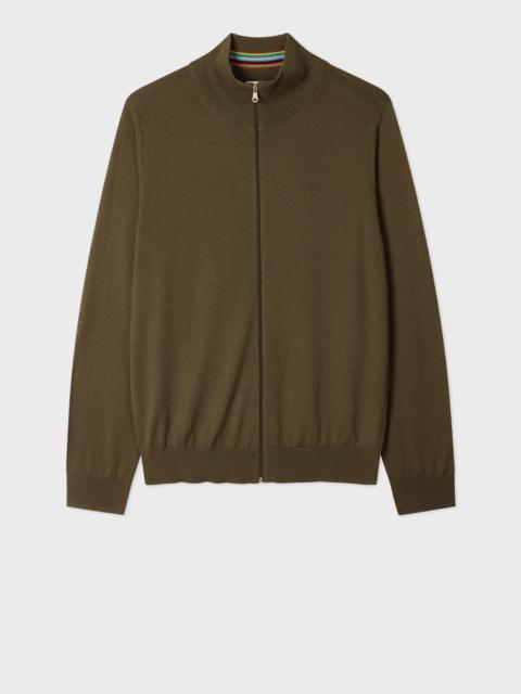 Khaki Green Merino Wool Full-Zip Cardigan