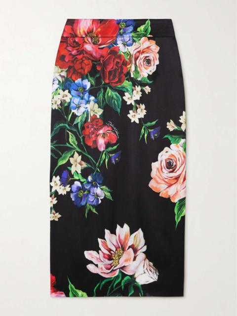 Floral-print satin midi skirt Black
