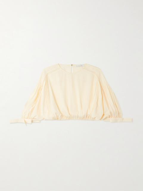 Cropped Bow-detailed Lace-trimmed Pleated Crepe Top