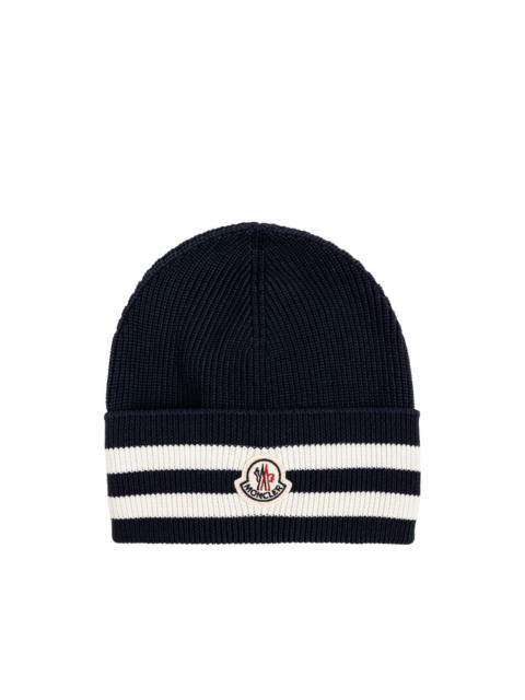striped logo-patch beanie hat
