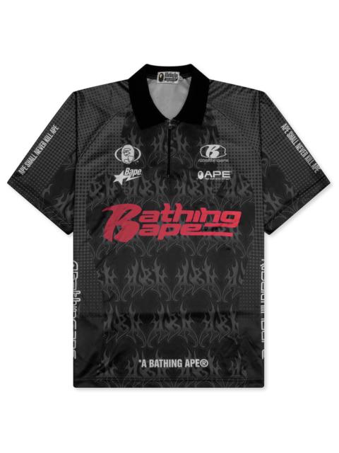 FLAME PATTERN OVERALL PRINT HALF ZIP RELAX FIT POLO SHIRT - BLACK