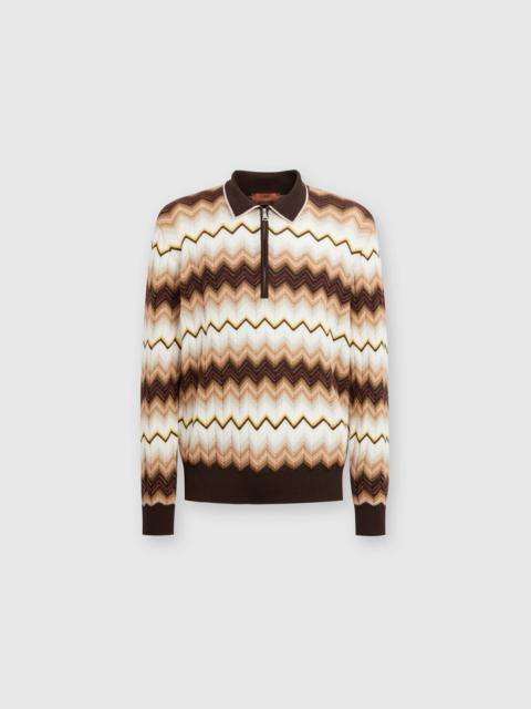 Long-sleeved polo shirt in wool and zigzag cotton