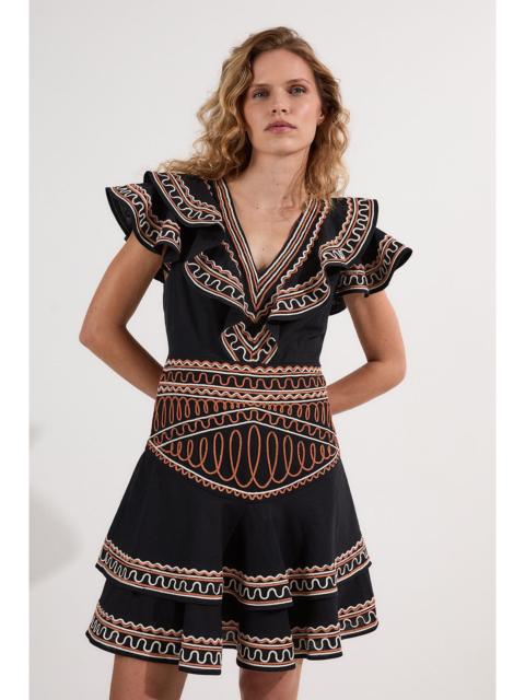 Embroidered Cotton Linen Woven Plunge Mini Dress