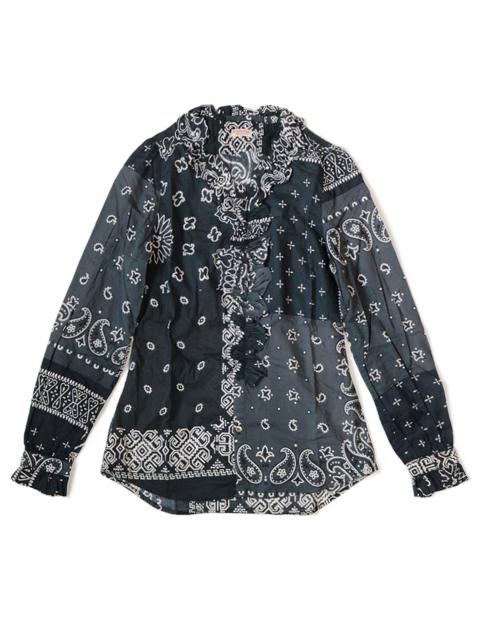 GAUZE BANDANA PATCHWORK V-NECK FRILL SHIRT - BLACK