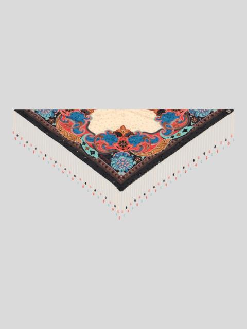 SILK SCARF WITH PLACED PRINT AND BEAD-ADORNED FRINGING