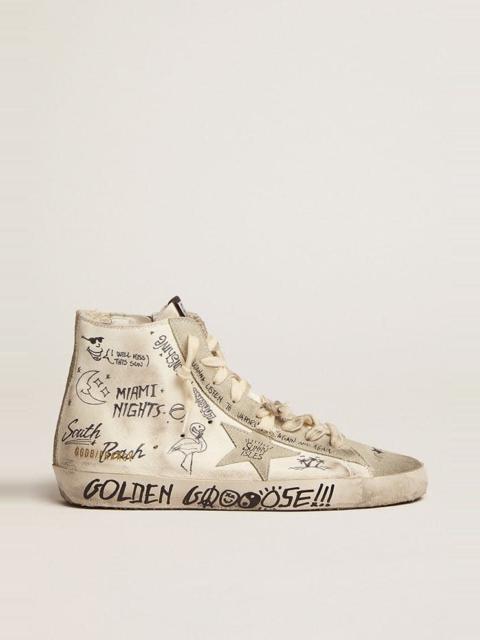 Francy in nappa with ice-gray suede star and black lettering