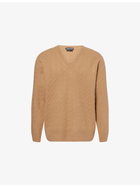 Cable-Knit V-Neck Wool Neck