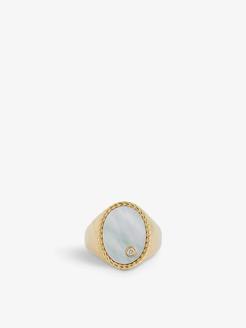 Oval 9ct yellow gold, 0.015ct diamond and mother-of-pearl signet ring