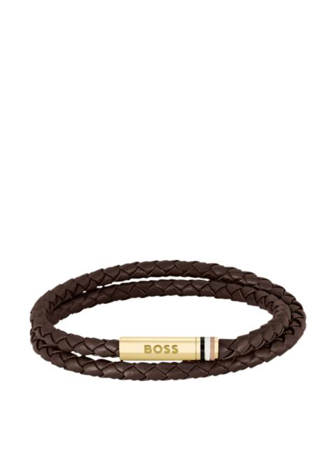 BROWN BRAIDED-LEATHER CUFF WITH LOGO CLOSURE