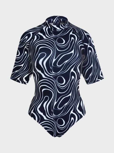 WOMEN SHORT SLEEVES UV PROTECTION ONE-PIECE RASHGUARD WAVES