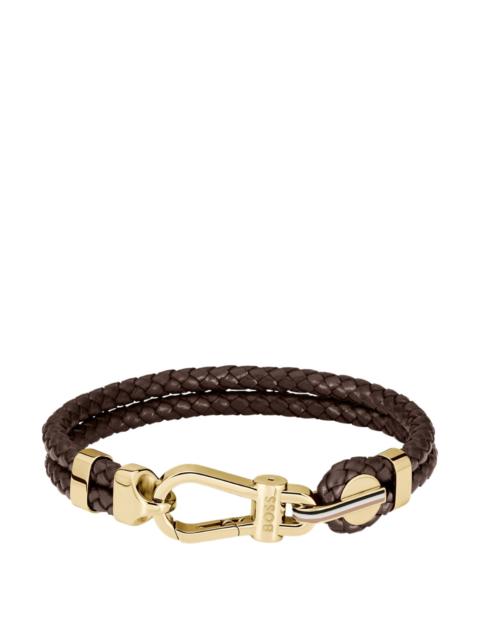 BROWN BRAIDED-LEATHER CUFF WITH GOLD-TONE CARABINER CLOSURE