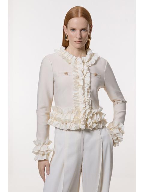 Figure Form Bandage Knit Jacket With Woven Ruffle Trim