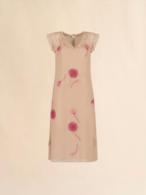 NUDE SILK DRESS WITH CAMELLIA EMBROIDERY
