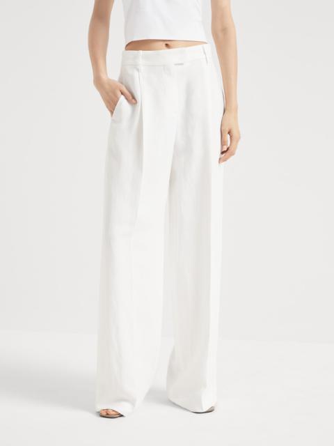Viscose and linen fluid twill loose pleated trousers with monili