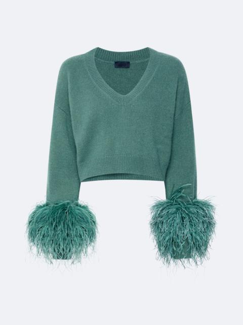 Cashmere Cropped V Neck Sweater With Feathers