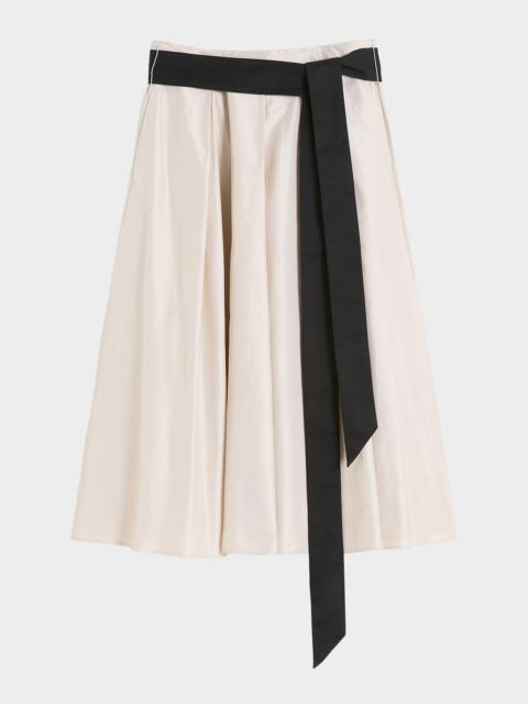 Baschi Waist-Sash Pleated Taffeta Midi Skirt