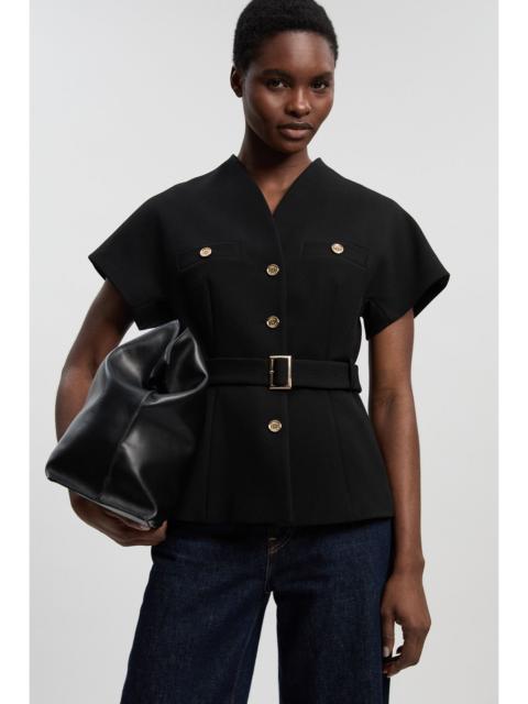 Textured Compact Stretch High Neck Belted Top