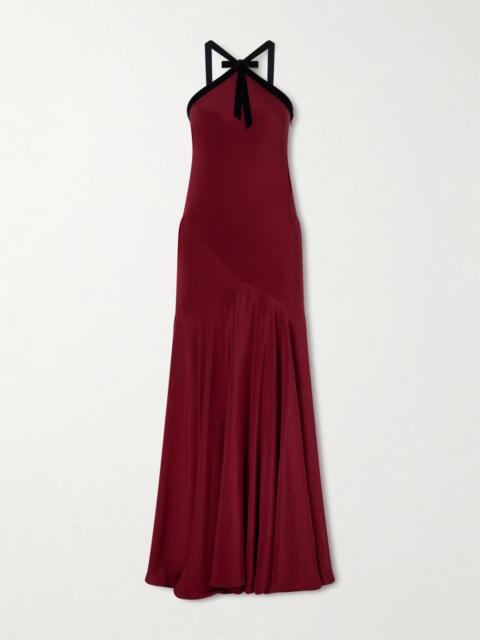 Bow-detailed Velvet-trimmed Silk-crepe Gown