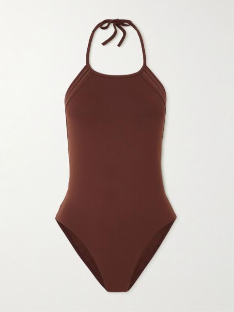Evening Numero metallic striped halterneck swimsuit Brown