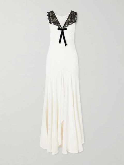 Bow-embellished Lace-trimmed Silk-crepe Midi Dress