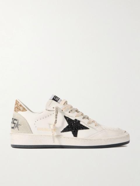 Ball Star distressed glittered suede-trimmed leather sneakers White