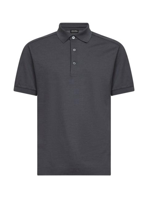 Grey cotton and silk pique polo shirt