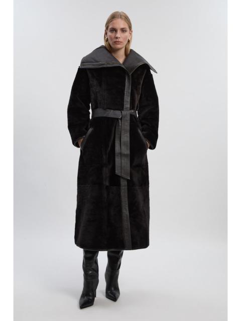 Reversible Shearling & Leather High Collar Maxi Coat