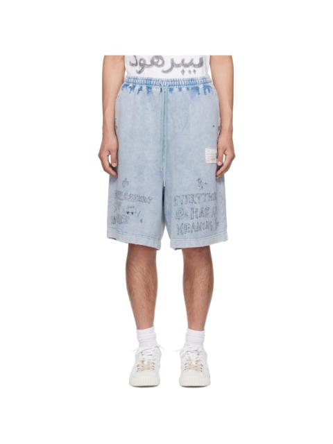 Blue Bleached Graffiti Print Sweat Shorts