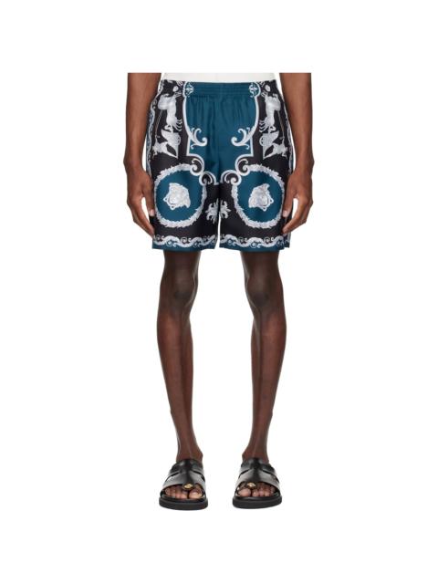 Black & Navy Printed Silk Twill Slim Shorts