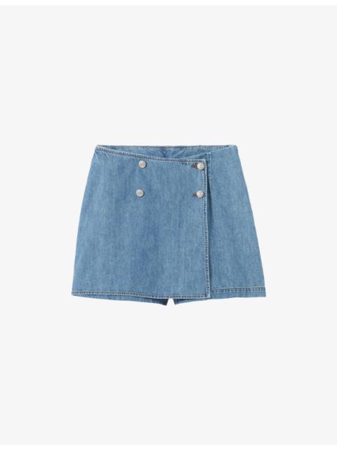 Wrap-Front Mid-Rise Denim Skort