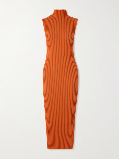 Chen Bico Ribbed Two-tone Organic Cotton-blend Midi Dress