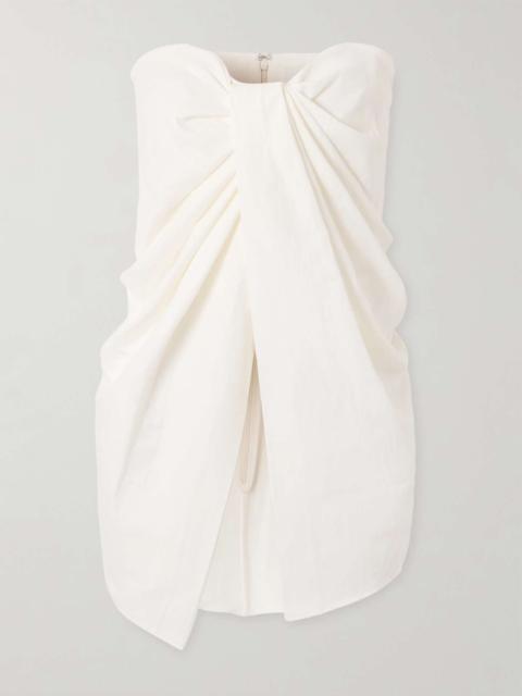 Tuiren strapless gathered stretch linen and cotton-blend tunic