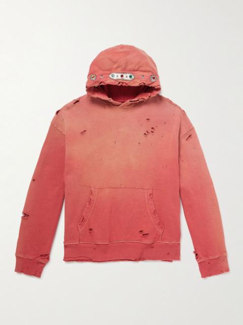Embellished Suede-Trimmed Distressed Cotton-Jersey Hoodie Red