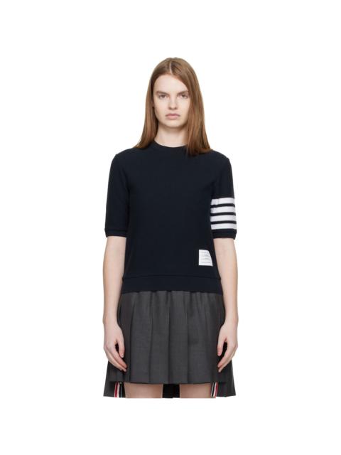 Navy Textured Cotton Pique 4-Bar T-shirt