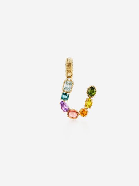 Rainbow alphabet U 18 kt yellow gold charm with multicolor fine gems