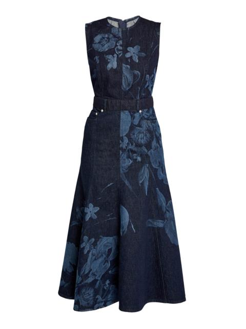 Embroidered Fluted Denim Midi Dress dark wash