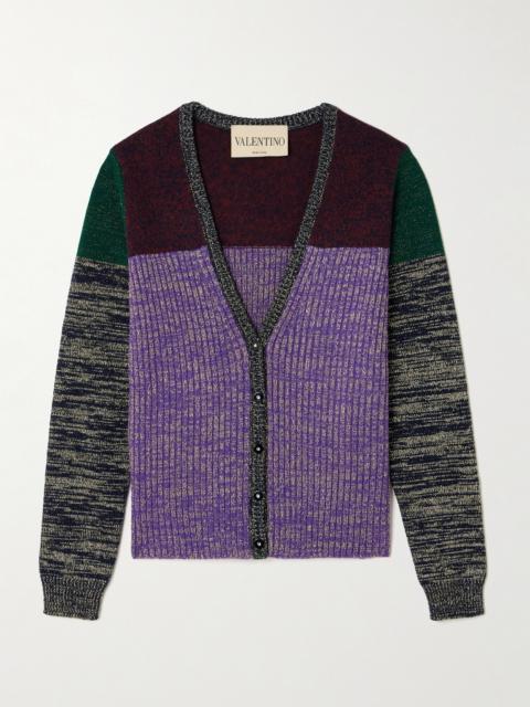 Color-block Metallic Ribbed Wool-blend Cardigan