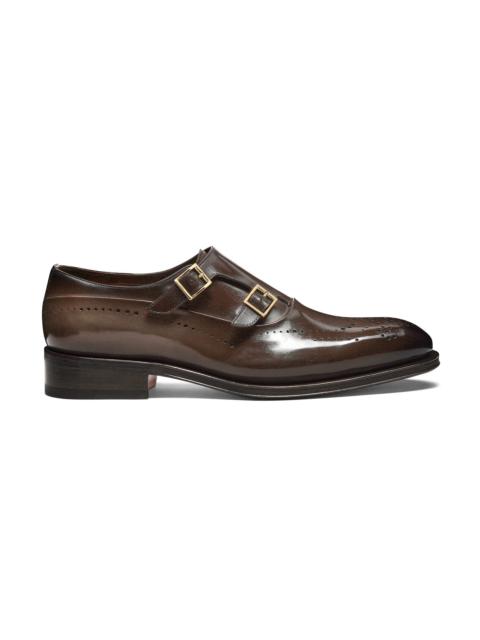 Men's brown leather double-buckle brogue shoe