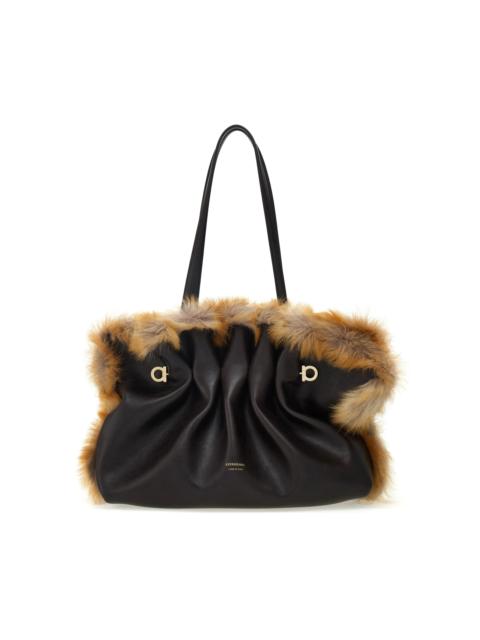 Soft Medium Shearling-Trimmed Leather Shoulder Bag black