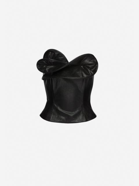 Leather corset with sculptural neckline in black