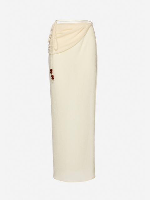 Draped wrap maxi skirt with beads in cream